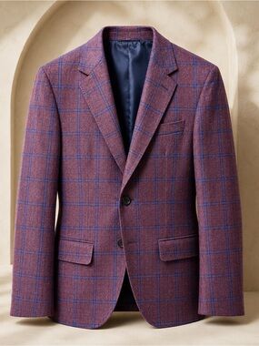 NEW Coppley Men's Wine Plaid Windowpane Blazer with Blue Check